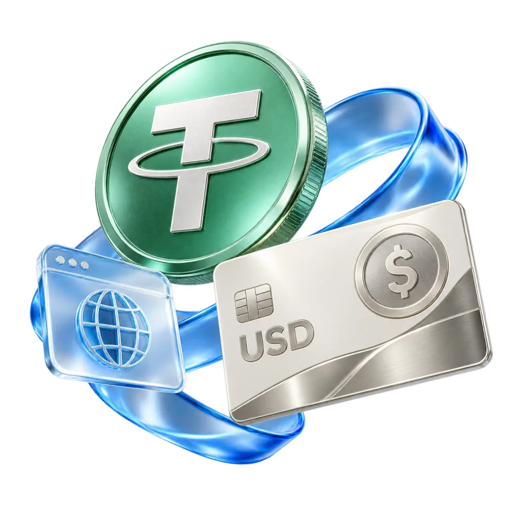 USDT 硬币、支付卡与域名图标,展示灵活支付的域名服务